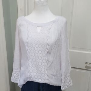 Zac & Rachel Women's Size L Keyhole Neck Boho White Lace Blouse, Flowy, Bohemian